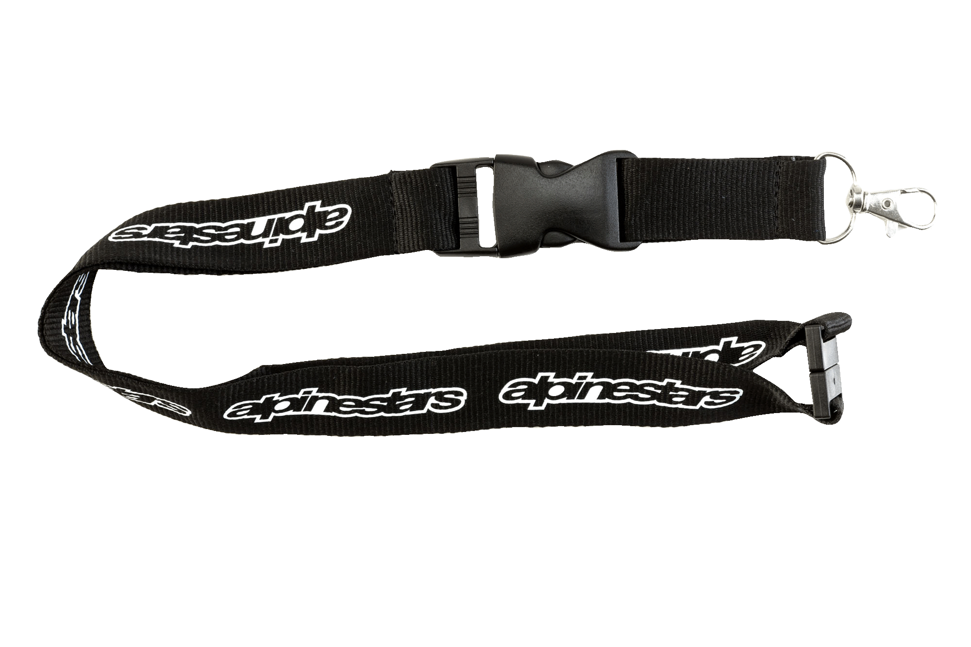 Alpinestars Core Lanyard, Black, featuring white repeating Alpinestars logo, plastic breakaway and detachable buckle, metal swivel clip, durable ribbed polyester construction for keys and ID cards