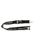 Alpinestars Core Lanyard, black sportswear lanyard featuring printed white brand logos, breakaway safety clip, and detachable metal swivel clip
