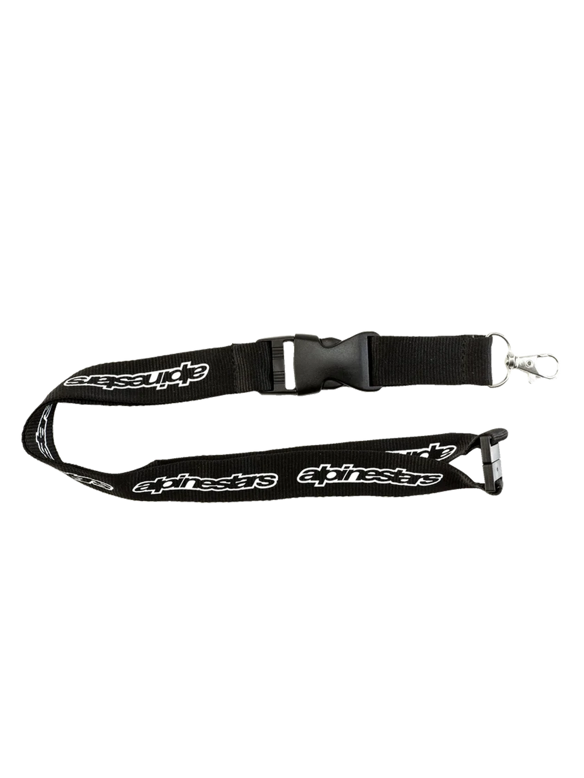 Alpinestars Core Lanyard, black sportswear lanyard featuring printed white brand logos, breakaway safety clip, and detachable metal swivel clip
