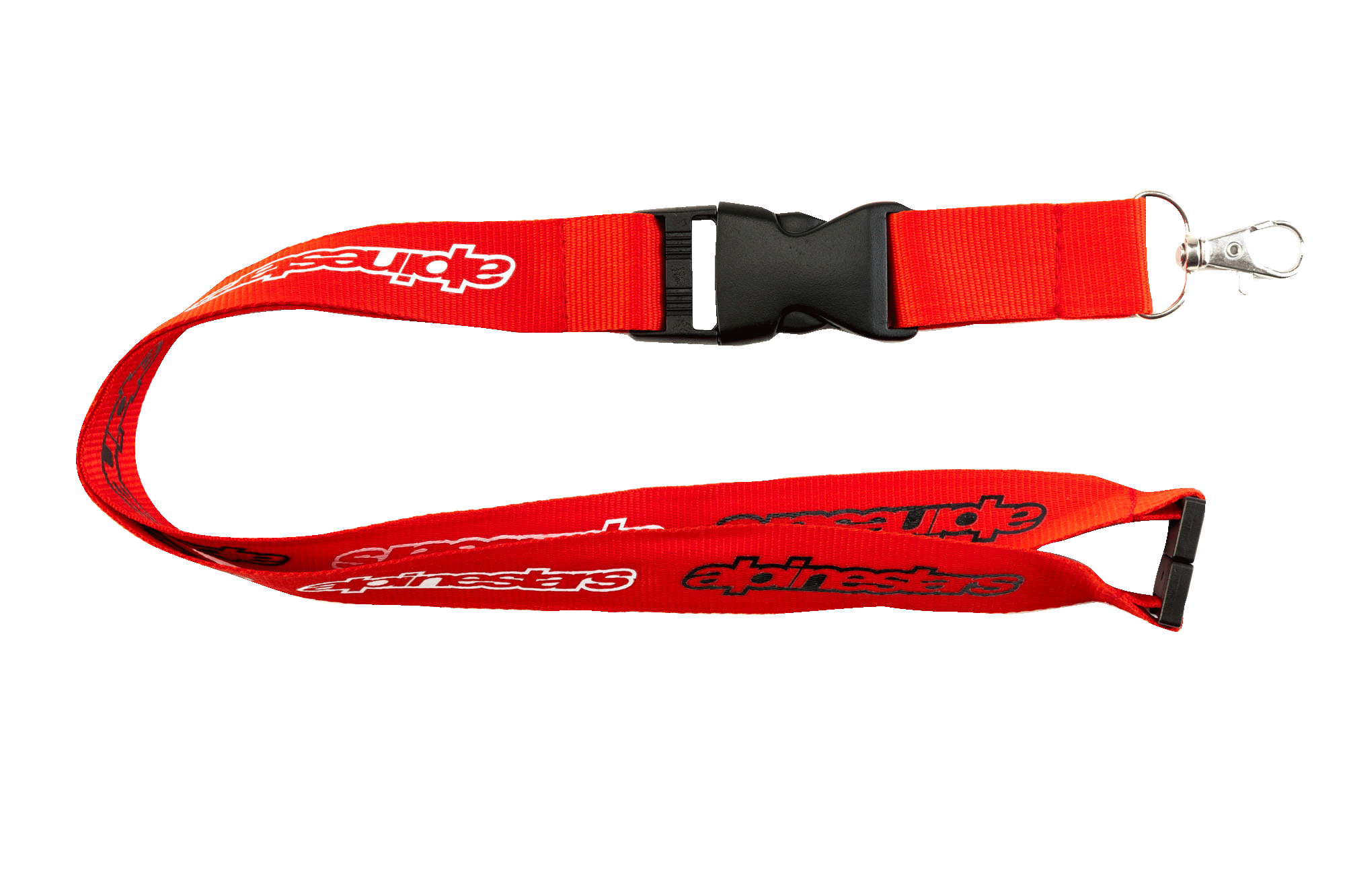 Alpinestars Core Lanyard, Red with white and black logos, black plastic breakaway clip and detachable buckle, silver metal swivel hook, durable 100% polyester neck lanyard