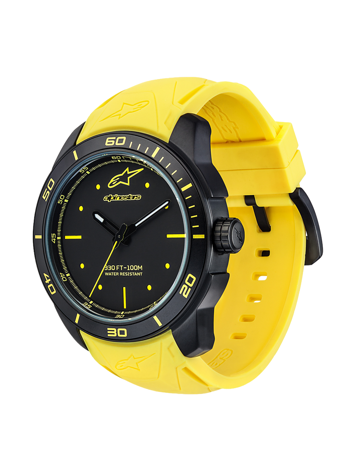 Alpinestars Tech Watch 3H - Black Matte, motorsport lifestyle watch with a black case and bright yellow silicone strap, water resistant 100M, right profile view
