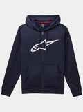 Alpinestars Ageless Zip V3 Hoodie, navy blue full-zip fleece hoodie with a large white Alpinestars logo on the chest, drawstring hood, front pouch pockets, casual motorsport-inspired streetwear