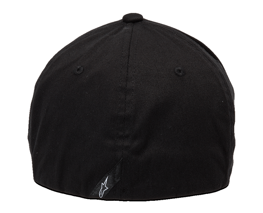 Alpinestars Blaze Flexfit Hat, Rear View, Solid Black, Small White Astar Logo on Back, Closed Back Stretch-Fit Design