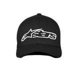 Alpinestars Blaze Flexfit Hat, Black and White, featuring a large white 3D embroidered Alpinestars logo on the front, curved bill design, casual motorsport-inspired headwear