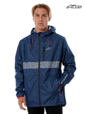 Alpinestars Fusion Rain Jacket, waterproof hard-shell rain jacket in navy, worn by a model, featuring a fixed hood with bungee adjusters, white chest graphic, and reflective details.