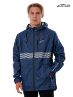 Alpinestars Fusion Rain Jacket, waterproof hard-shell rain jacket in navy, worn by a model, featuring a fixed hood with bungee adjusters, white chest graphic, and reflective details.
