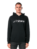 Alpinestars Blaze V3 Hoodie, black with white logo, casual streetwear, featuring front kangaroo pocket and drawstring hood, worn by a man, modern motorsport-inspired design