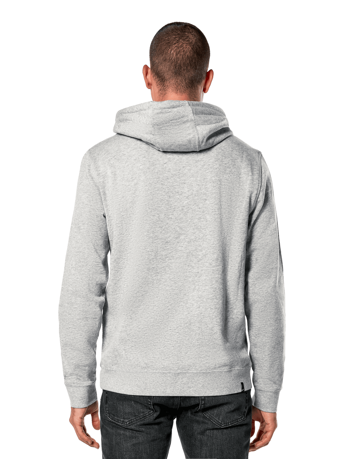 Alpinestars Blaze V3 Hoodie, rear view, light grey heathered pullover fleece, casual streetwear, ribbed cuffs and hem, jersey-lined hood, modern motorsport-inspired design