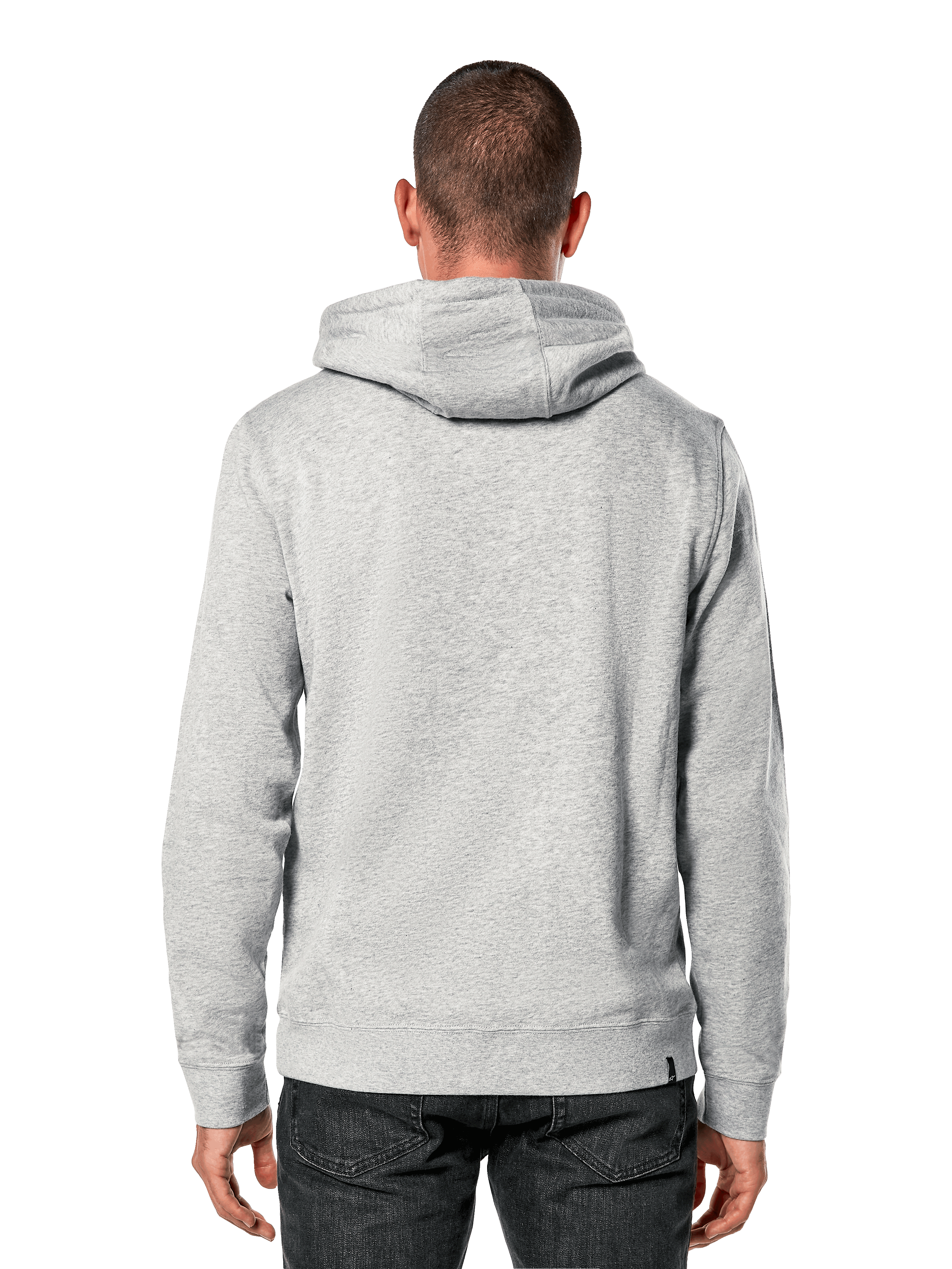Alpinestars Blaze V3 Hoodie, rear view, light grey heathered pullover fleece, casual streetwear, ribbed cuffs and hem, jersey-lined hood, modern motorsport-inspired design