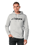 Alpinestars Blaze V3 Hoodie, male model wearing light grey heathered pullover with black Astars chest logo, drawstring hood, front kangaroo pocket, casual motorsport-inspired streetwear