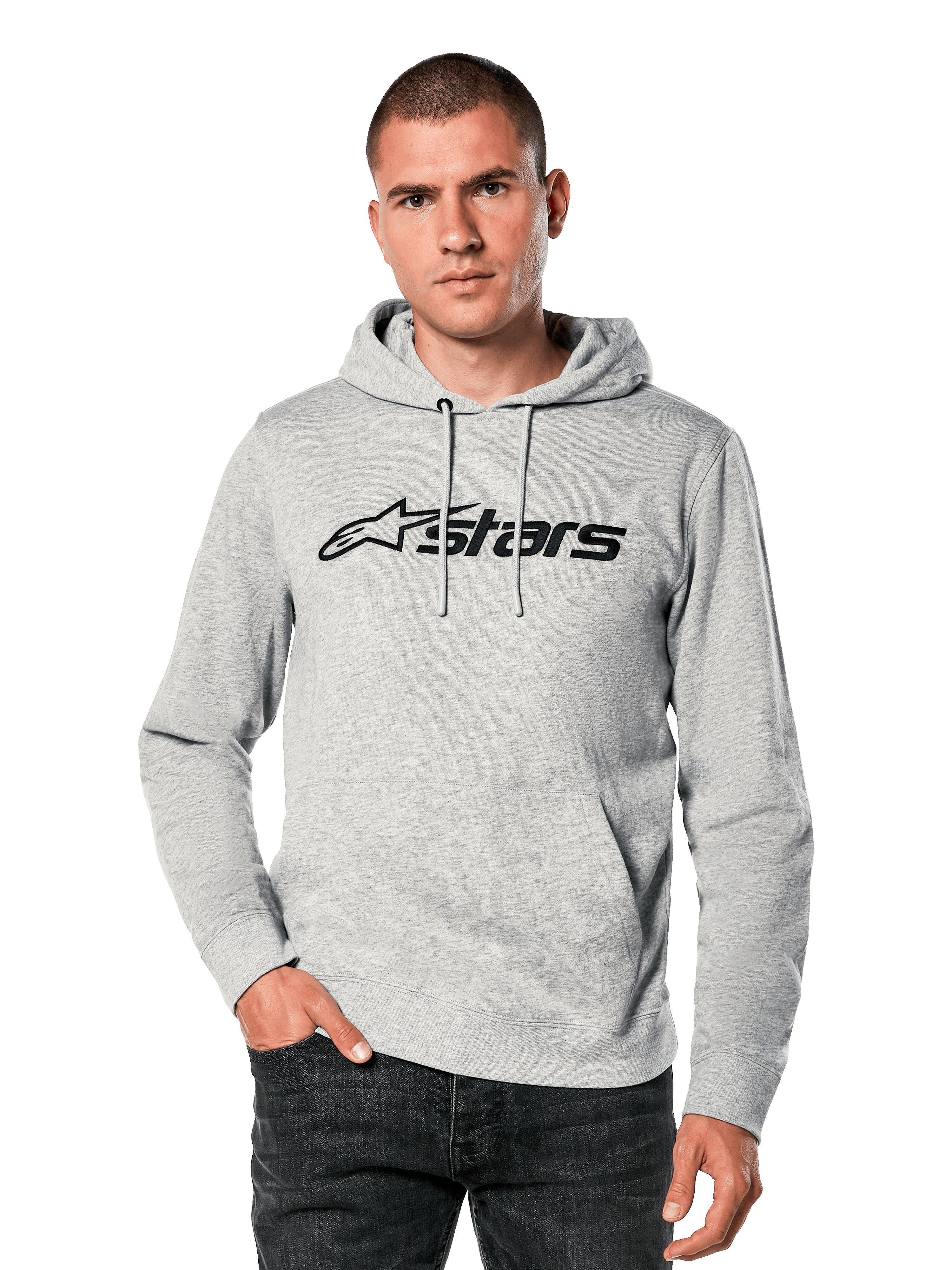 Alpinestars Blaze V3 Hoodie, male model wearing light grey heathered pullover with black Astars chest logo, drawstring hood, front kangaroo pocket, casual motorsport-inspired streetwear