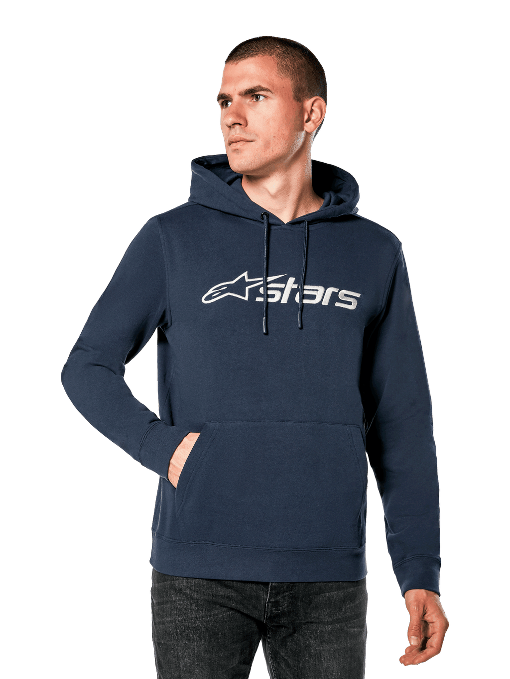 Alpinestars Blaze V3 Hoodie, Navy Blue with White Logo, Casual Motorsport Streetwear, Front Kangaroo Pocket with Drawstrings, Soft Texture