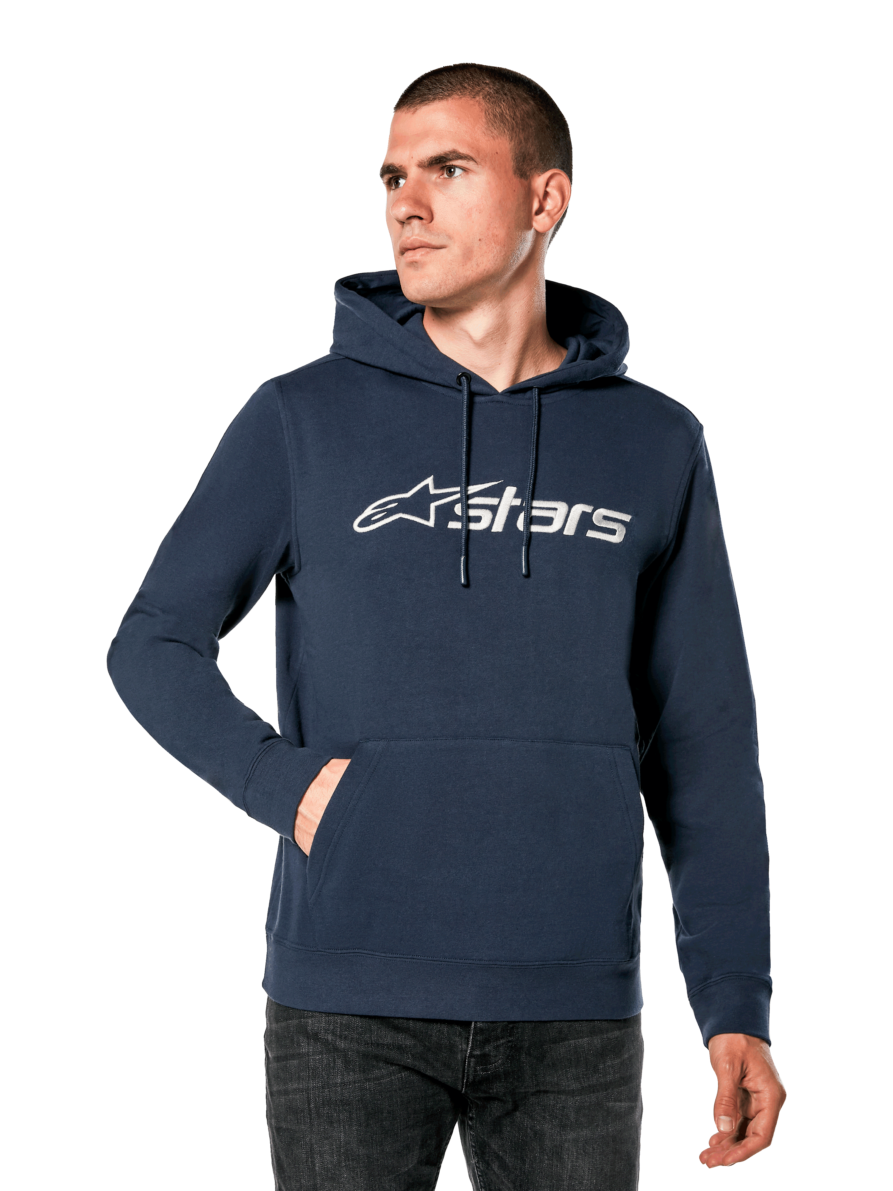 Alpinestars Blaze V3 Hoodie, Navy Blue with White Logo, Casual Motorsport Streetwear, Front Kangaroo Pocket with Drawstrings, Soft Texture