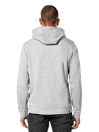 Alpinestars Linear Wordmark V3 Hoodie, back view, light gray heather pullover fleece, featuring a hood and small red Ageless logo on the sleeve, casual motorsport-inspired streetwear