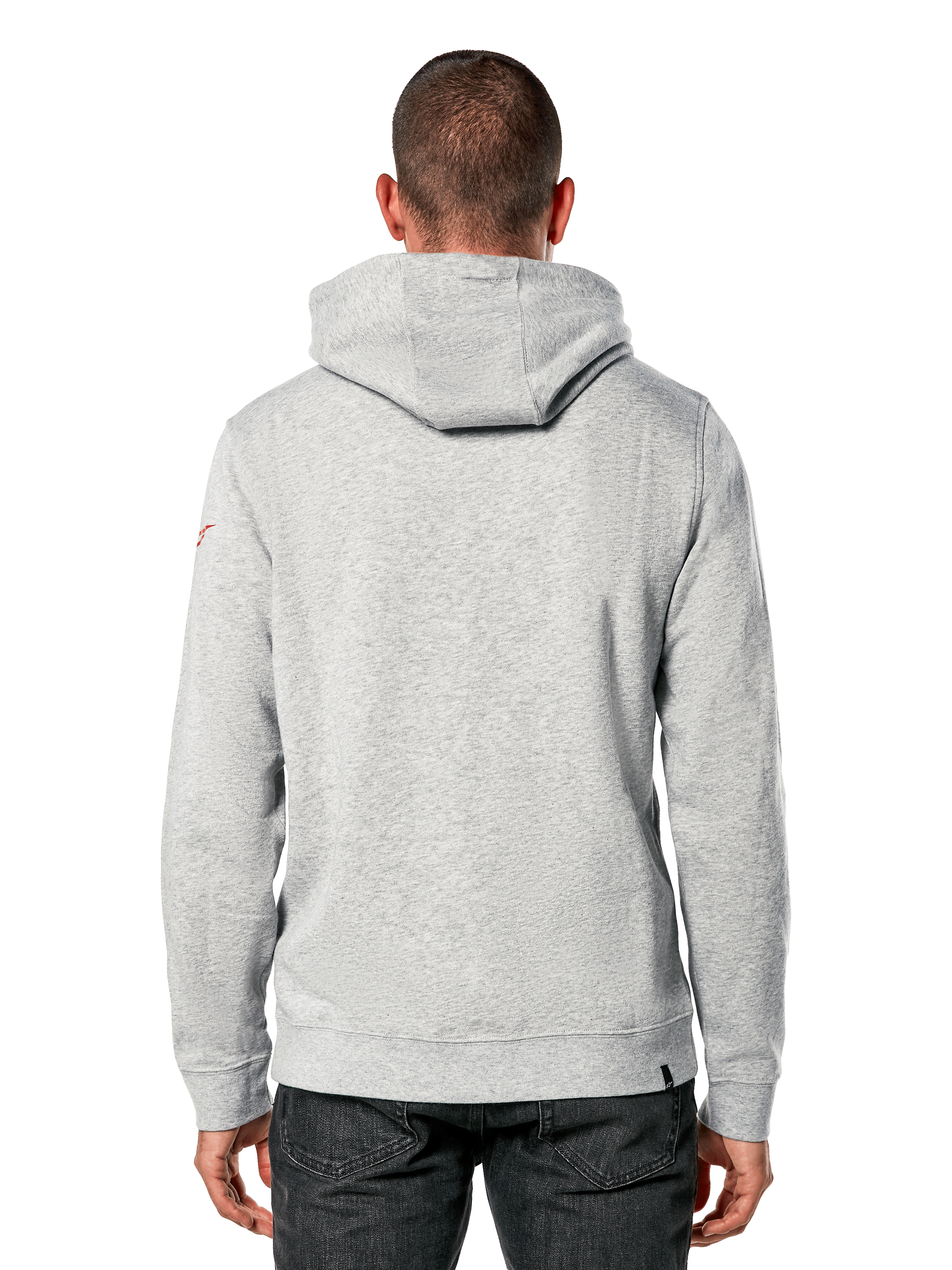 Alpinestars Linear Wordmark V3 Hoodie, back view, light gray heather pullover fleece, featuring a hood and small red Ageless logo on the sleeve, casual motorsport-inspired streetwear