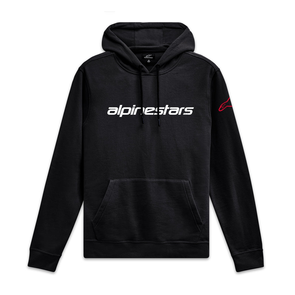 Alpinestars Linear Wordmark V3 Hoodie, black pullover sportswear hoodie with white front chest logo and red sleeve branding