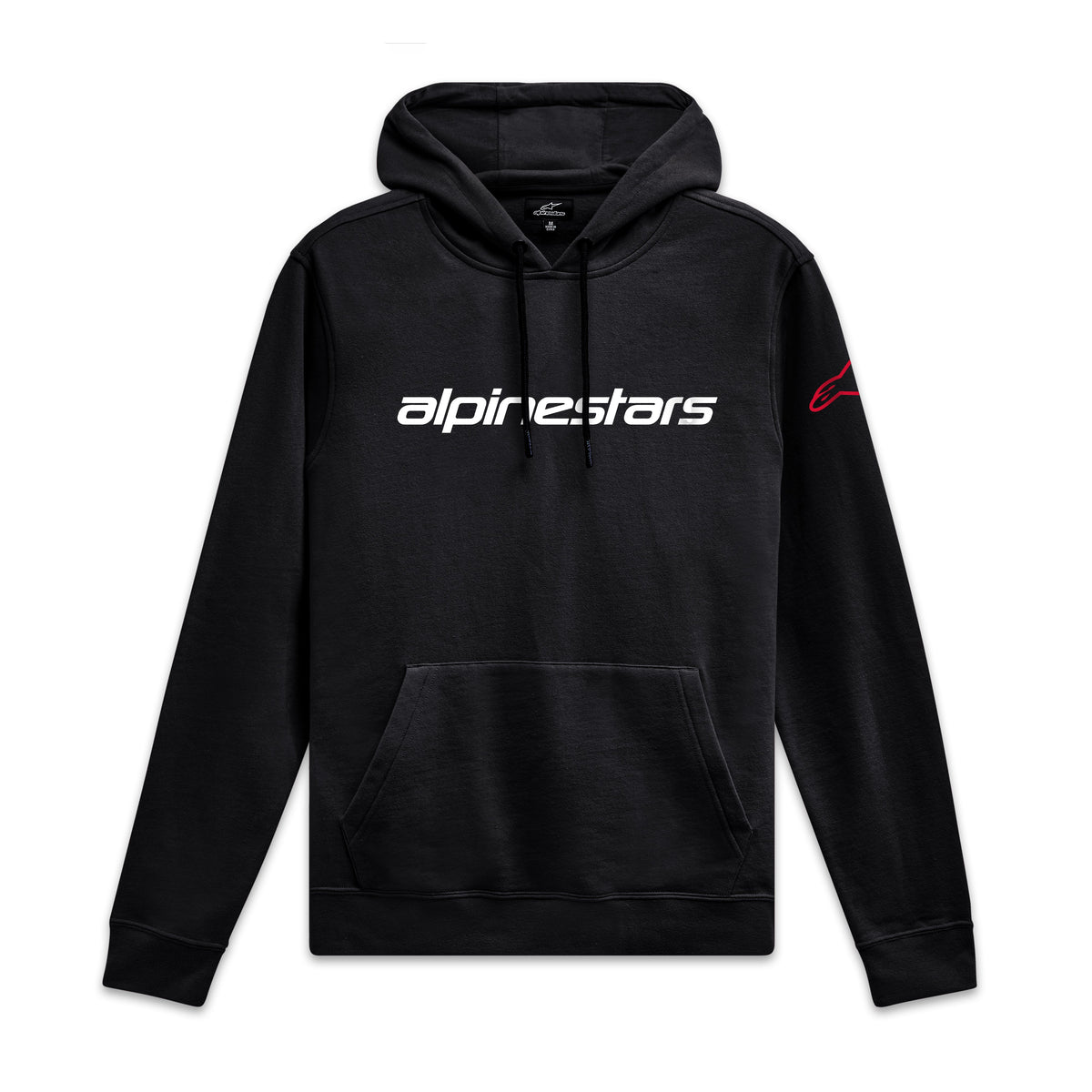 Alpinestars Linear Wordmark V3 Hoodie, black pullover sportswear hoodie with white front chest logo and red sleeve branding