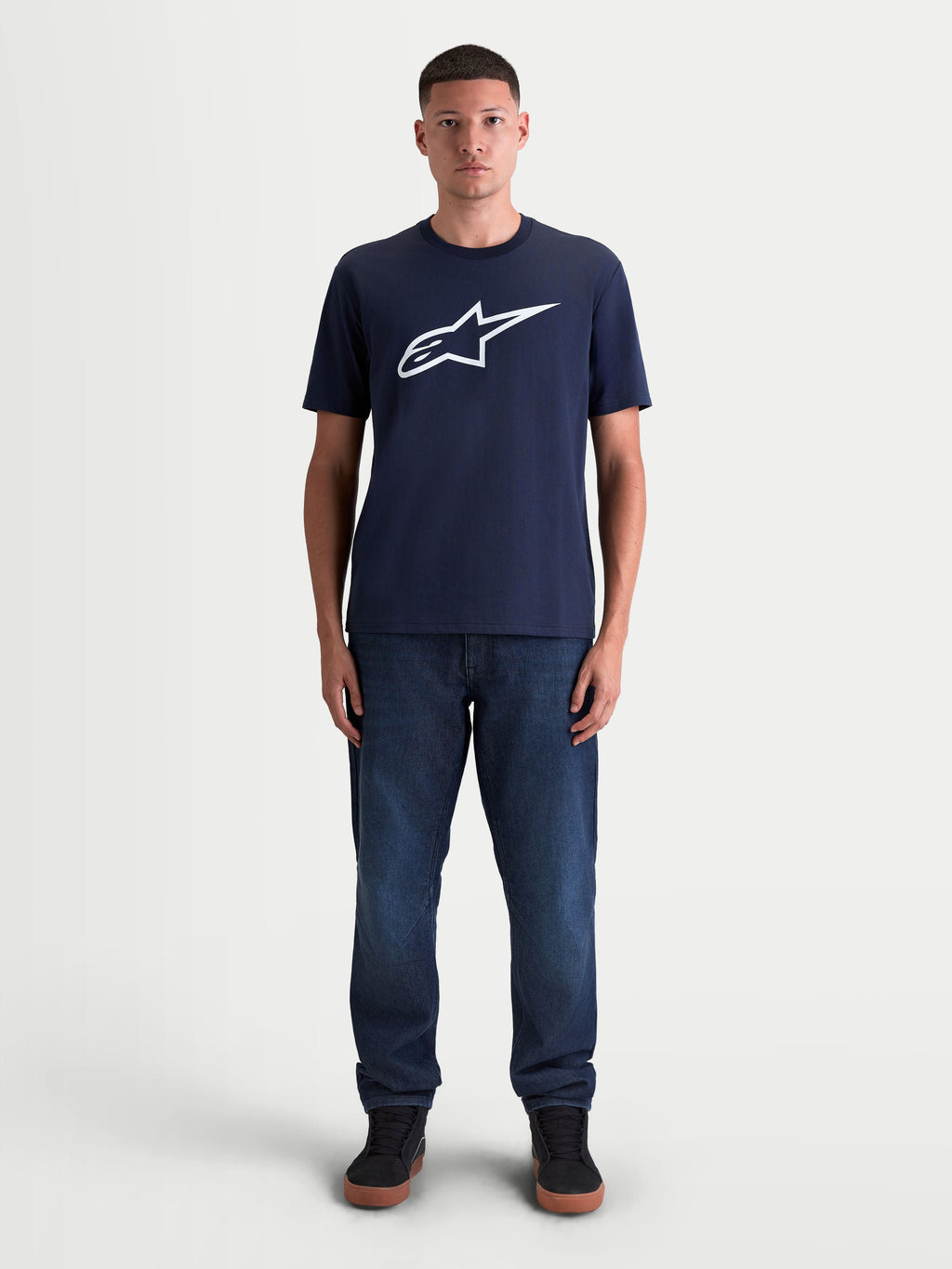 Alpinestars Ageless 2.0 CSF Tee, Casual Sportswear T-shirt, Unisex, Navy Blue and White, Combed Ring-Spun Cotton-Poly Blend, featuring a large front Ageless logo graphic on-model.