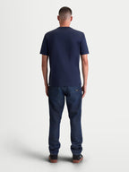 Alpinestars Ageless 2.0 CSF Tee, Men's Sportswear Short Sleeve T-Shirt, Navy Blue, rear view on-model showing the structured cut-and-sew fit and premium cotton-poly blend construction for everyday casual wear.