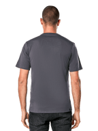 Alpinestars Ageless Shadow CSF Tee, Short Sleeve T-Shirt, Charcoal Black, back view on model, clean and casual motorsport-inspired design