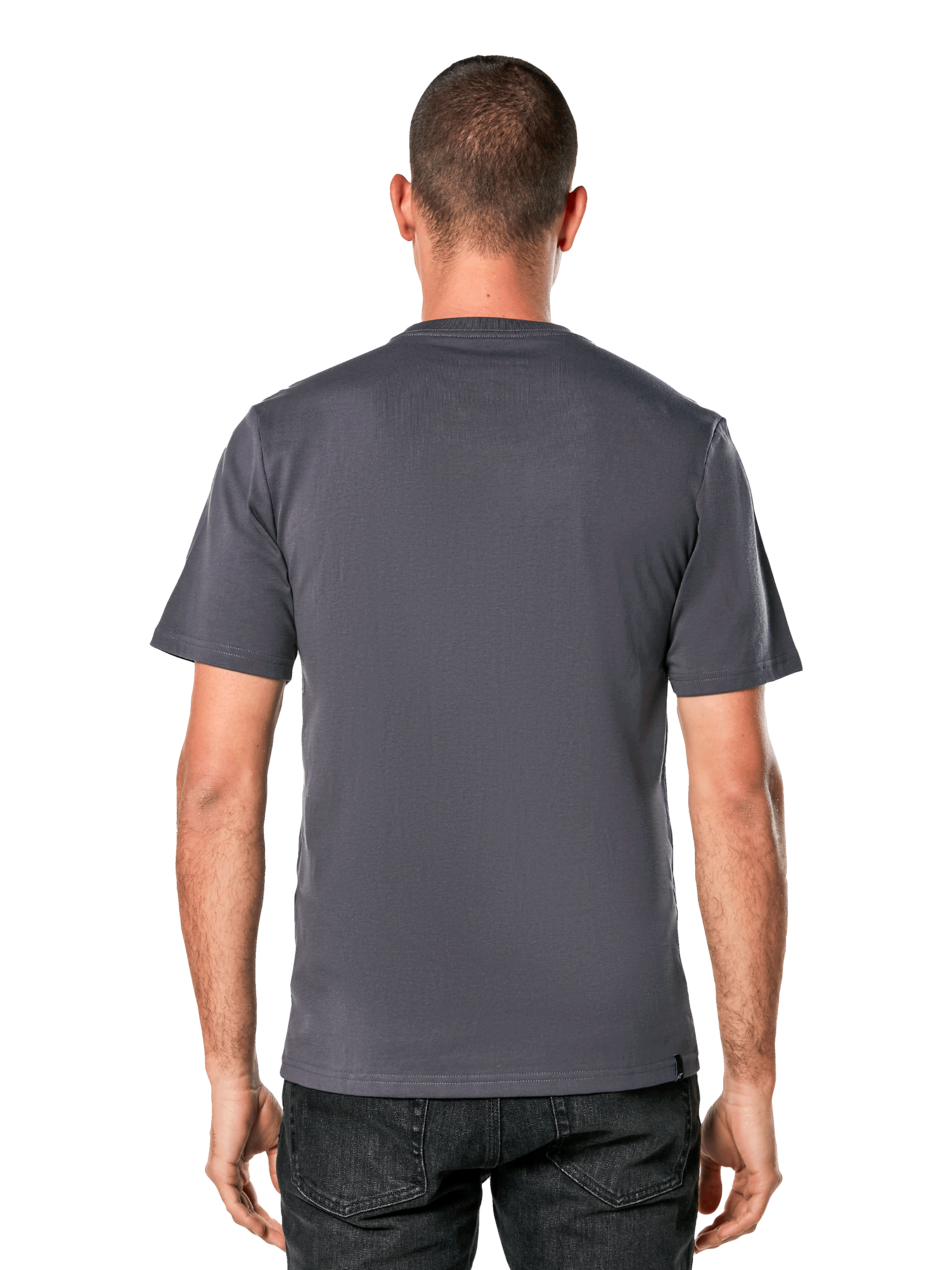 Alpinestars Ageless Shadow CSF Tee, Short Sleeve T-Shirt, Charcoal Black, back view on model, clean and casual motorsport-inspired design