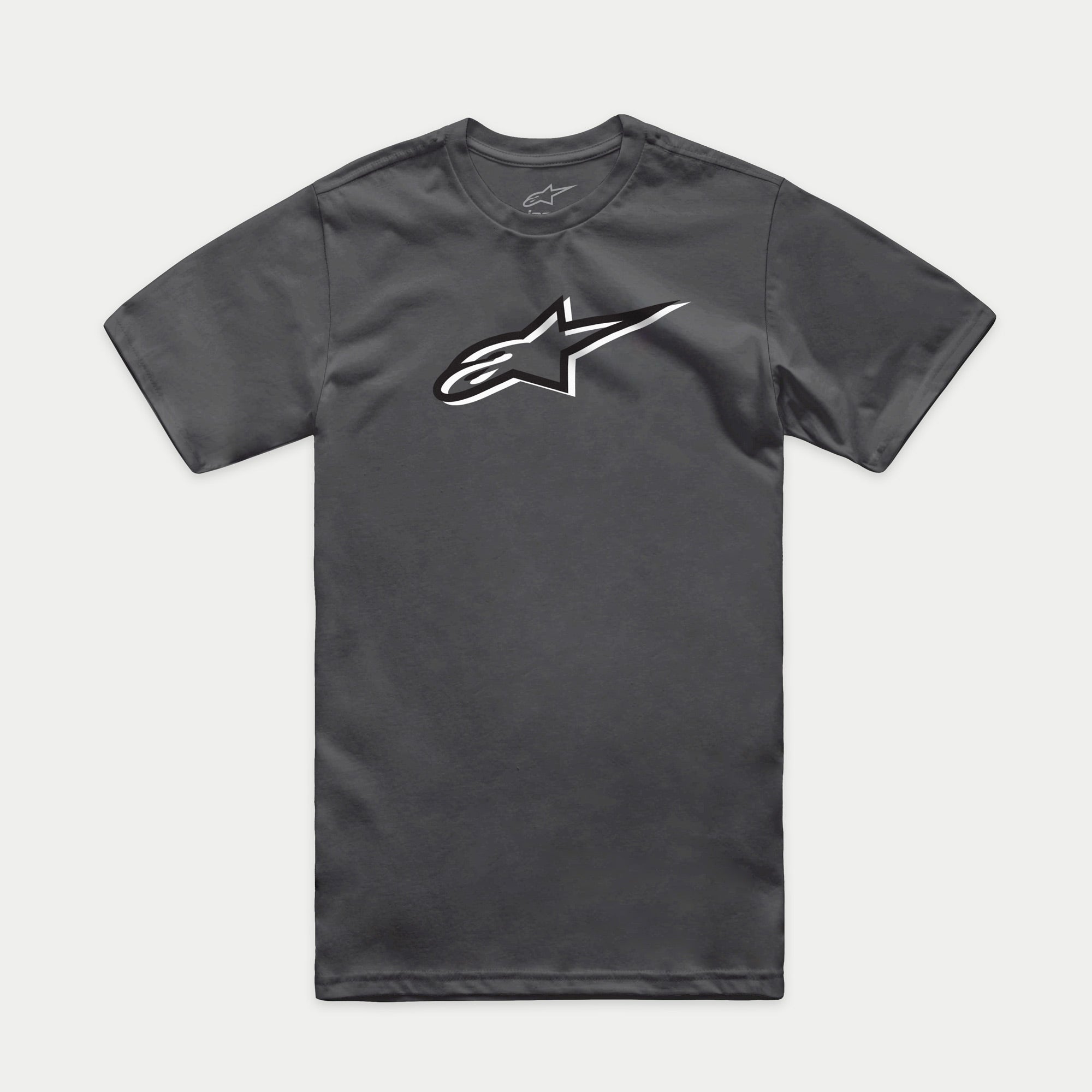 Alpinestars Ageless Shadow CSF Tee, Short Sleeve T-Shirt, Charcoal Black, featuring front Ageless shadow logo graphic, casual motorsport streetwear