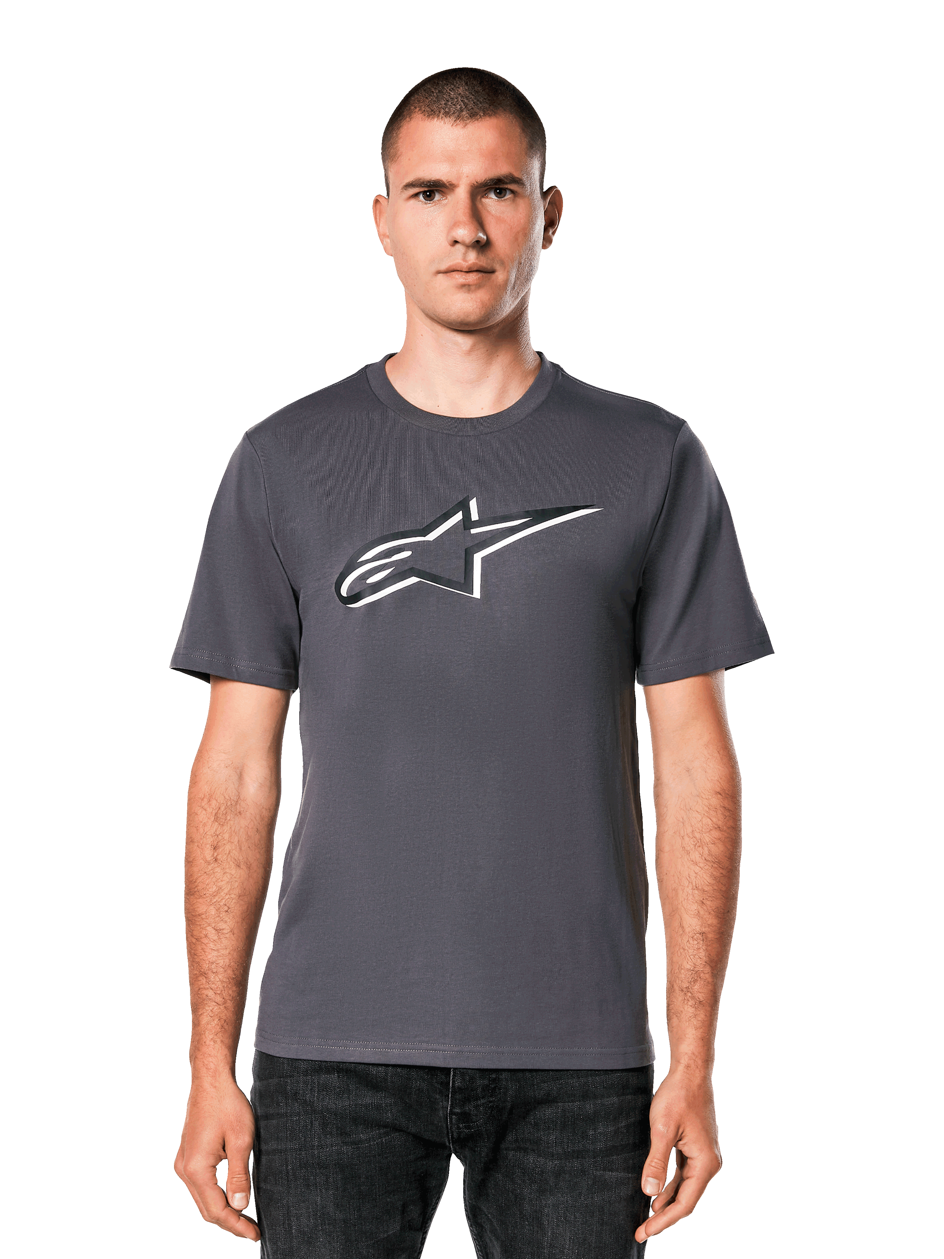 Alpinestars Ageless Shadow CSF T-Shirt, Charcoal Black with white and black front logo graphic, casual sportswear.