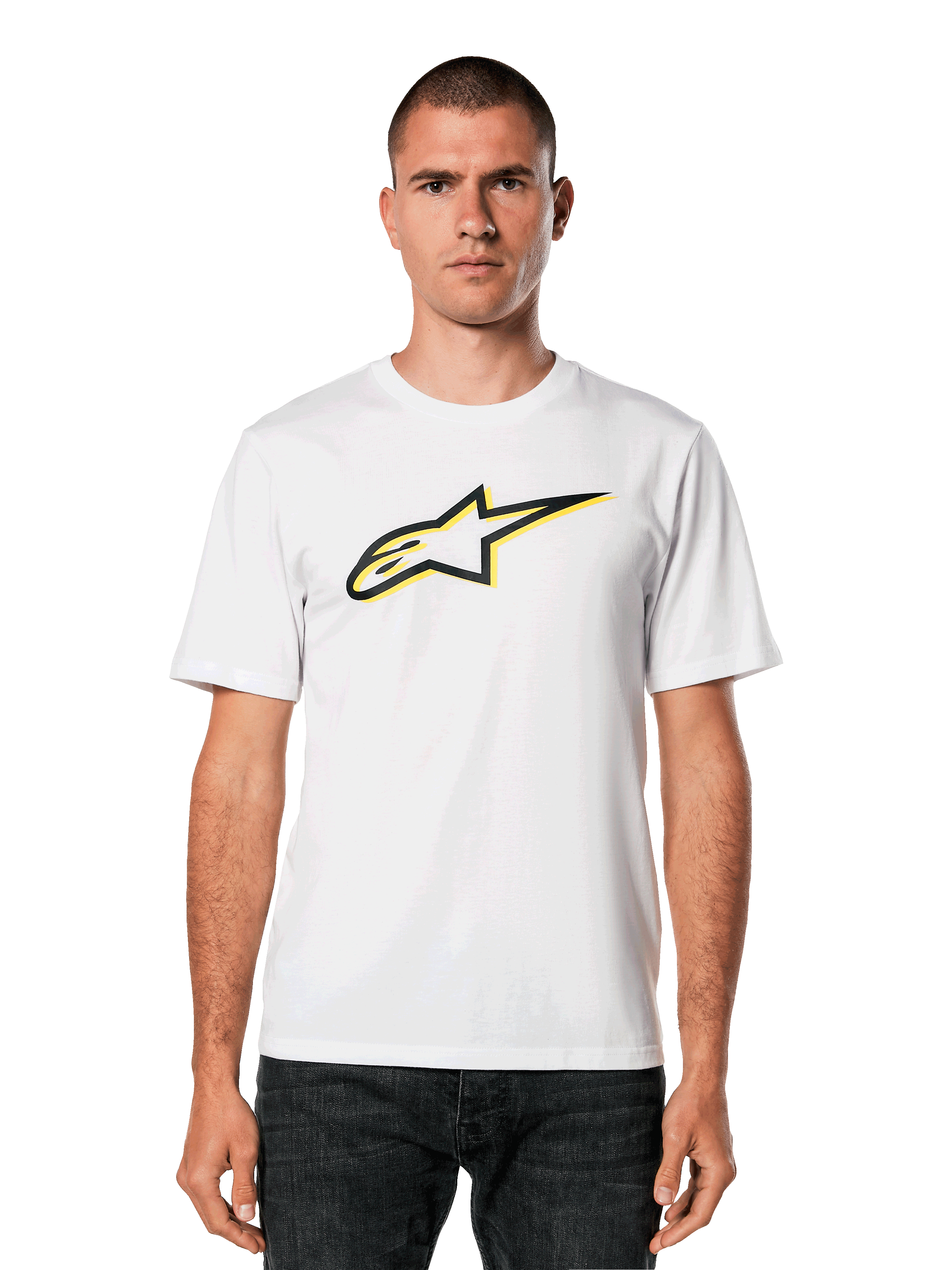 Alpinestars Ageless Shadow CSF Tee, White T-shirt with Black and Yellow Star Logo, Men's Short Sleeve Casual Tee, Motorsports Heritage Design