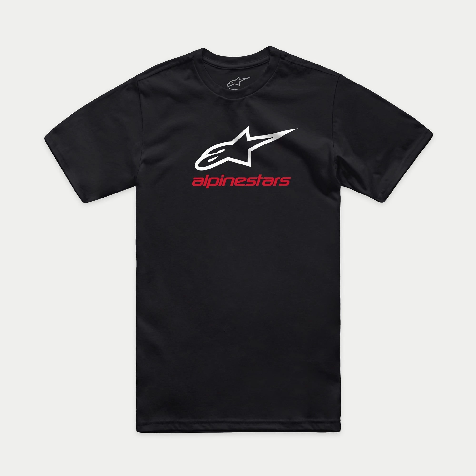 Alpinestars Always 2.0 CSF Tee, Short Sleeve T-Shirt, Black, White Star Logo with Red Alpinestars Text, Casual Motorsport Streetwear