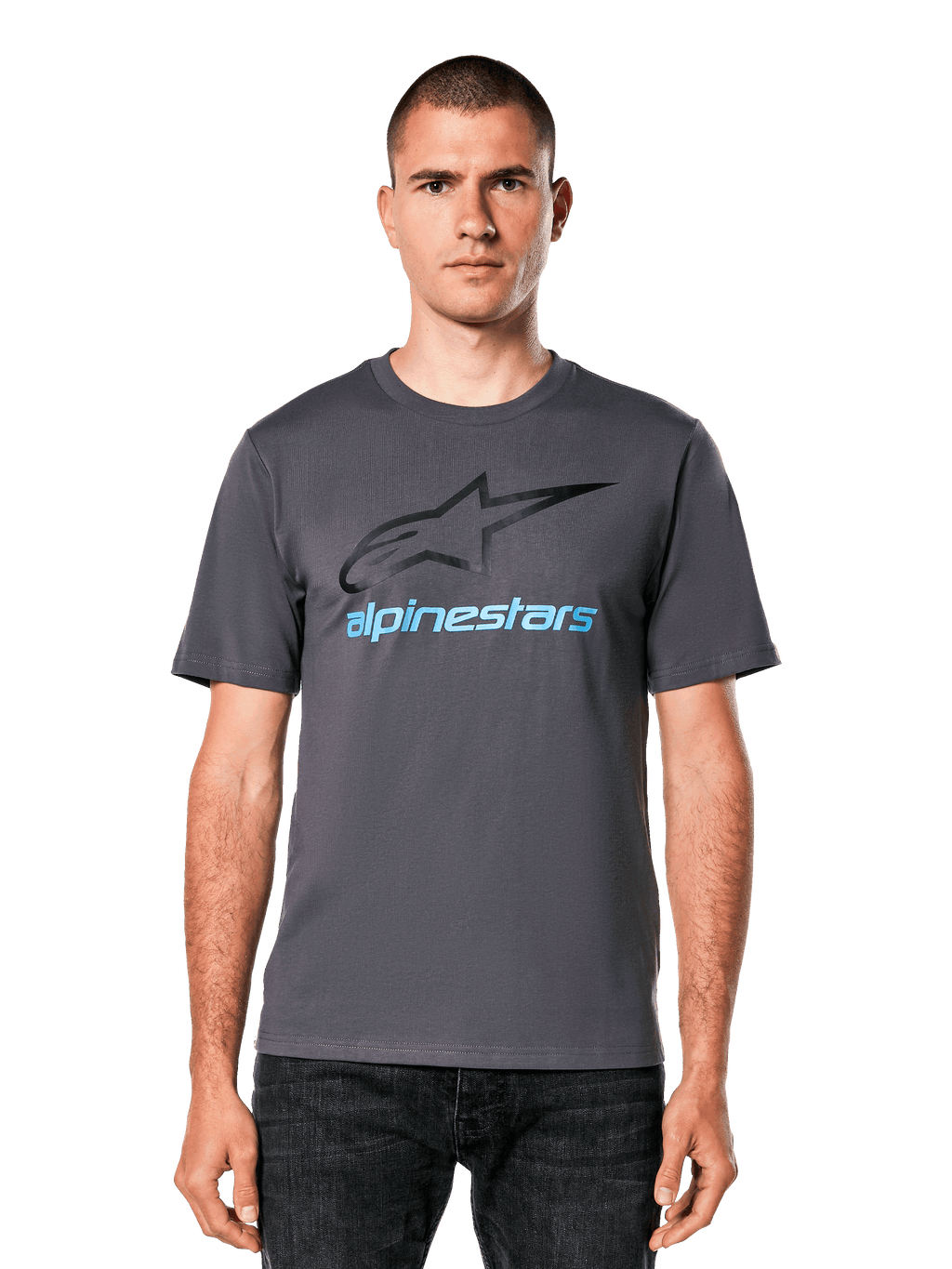 Alpinestars Always 2.0 CSF T-Shirt, charcoal gray casual motorsport tee with black star logo and blue text on a man.