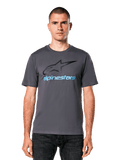 Alpinestars Always 2.0 CSF T-Shirt, charcoal gray casual motorsport tee with black star logo and blue text on a man.