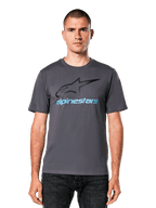 Alpinestars Always 2.0 CSF T-Shirt, charcoal gray casual motorsport tee with black star logo and blue text on a man.