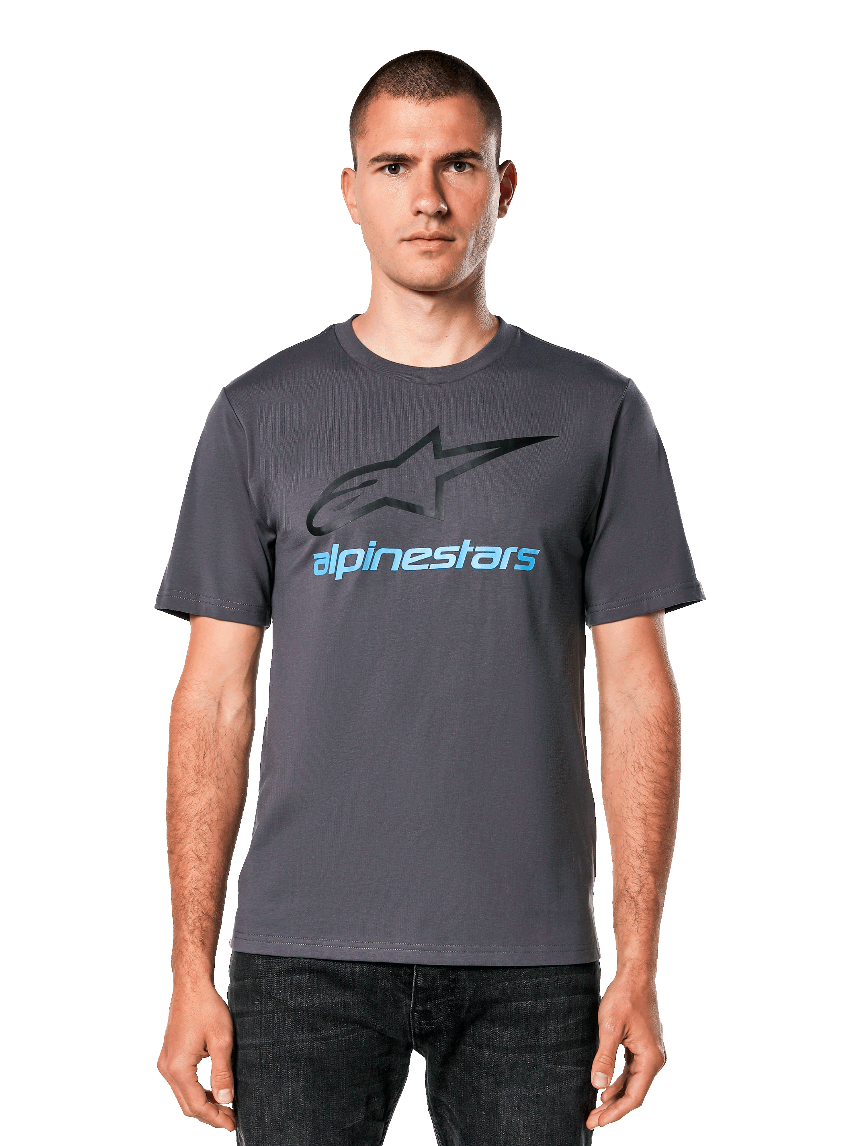 Alpinestars Always 2.0 CSF T-Shirt, charcoal gray casual motorsport tee with black star logo and blue text on a man.