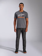 Alpinestars Always 2.0 CSF Tee, Short Sleeve T-Shirt, Charcoal Gray with White Logo and Orange Text, worn by model with dark jeans, Casual Motorsport Streetwear