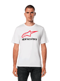 Alpinestars Always 2.0 CSF Tee, White Short-Sleeve T-Shirt, featuring a Red Star Logo and Black Alpinestars Text, Men's Casual Sportswear, worn by model