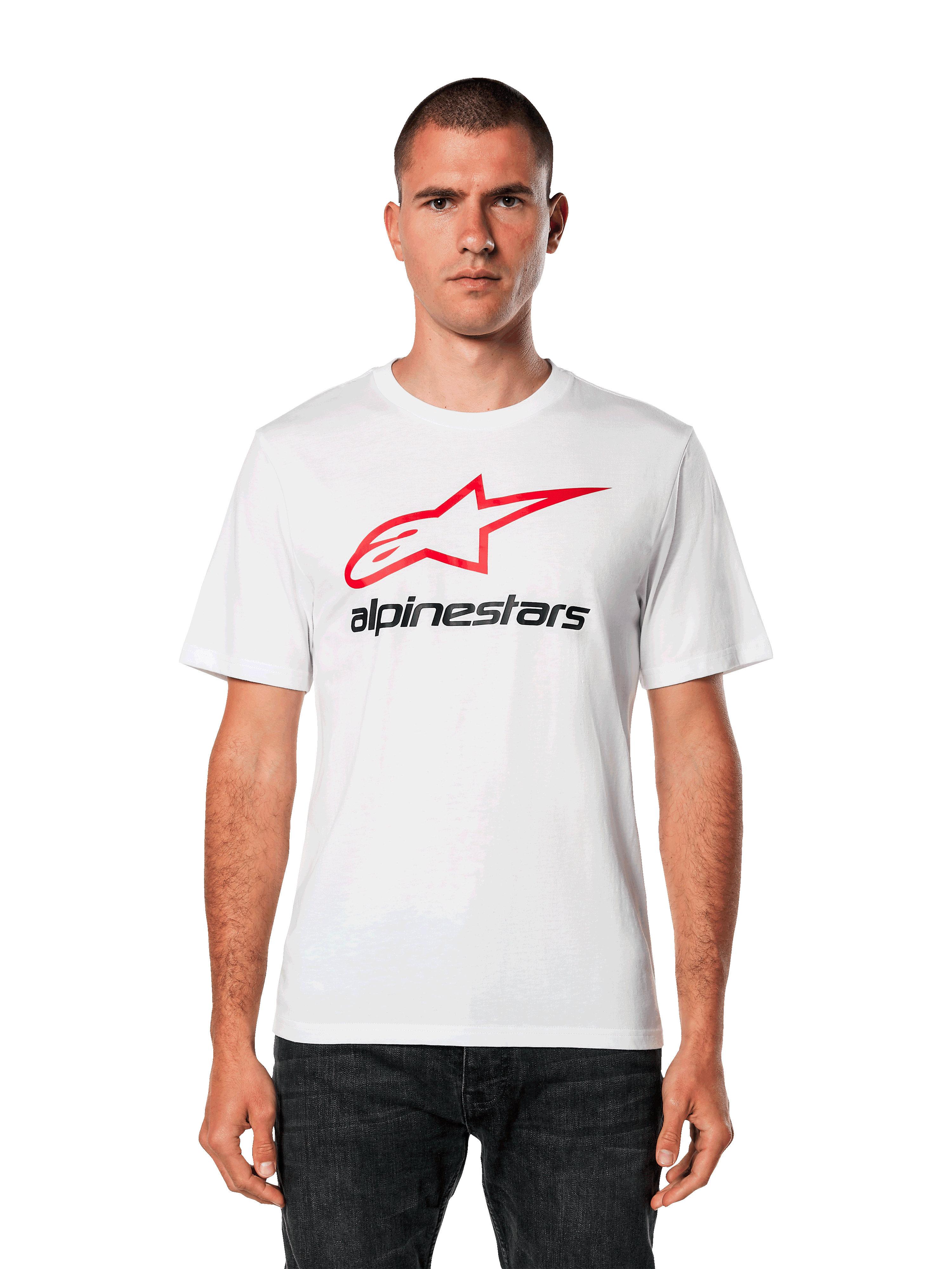 Alpinestars Always 2.0 CSF Tee, White Short-Sleeve T-Shirt, featuring a Red Star Logo and Black Alpinestars Text, Men's Casual Sportswear, worn by model