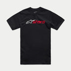 Alpinestars Blaze 2.0 CSF Tee, Short Sleeve T-Shirt, Black, White Star Logo and Red Stars Graphic, Casual Motorsport Streetwear