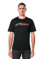 Alpinestars Blaze 2.0 CSF Tee, Black Short Sleeve T-Shirt, White and Red logo on chest, worn by male model with dark jeans, Casual Motorsport Sportswear