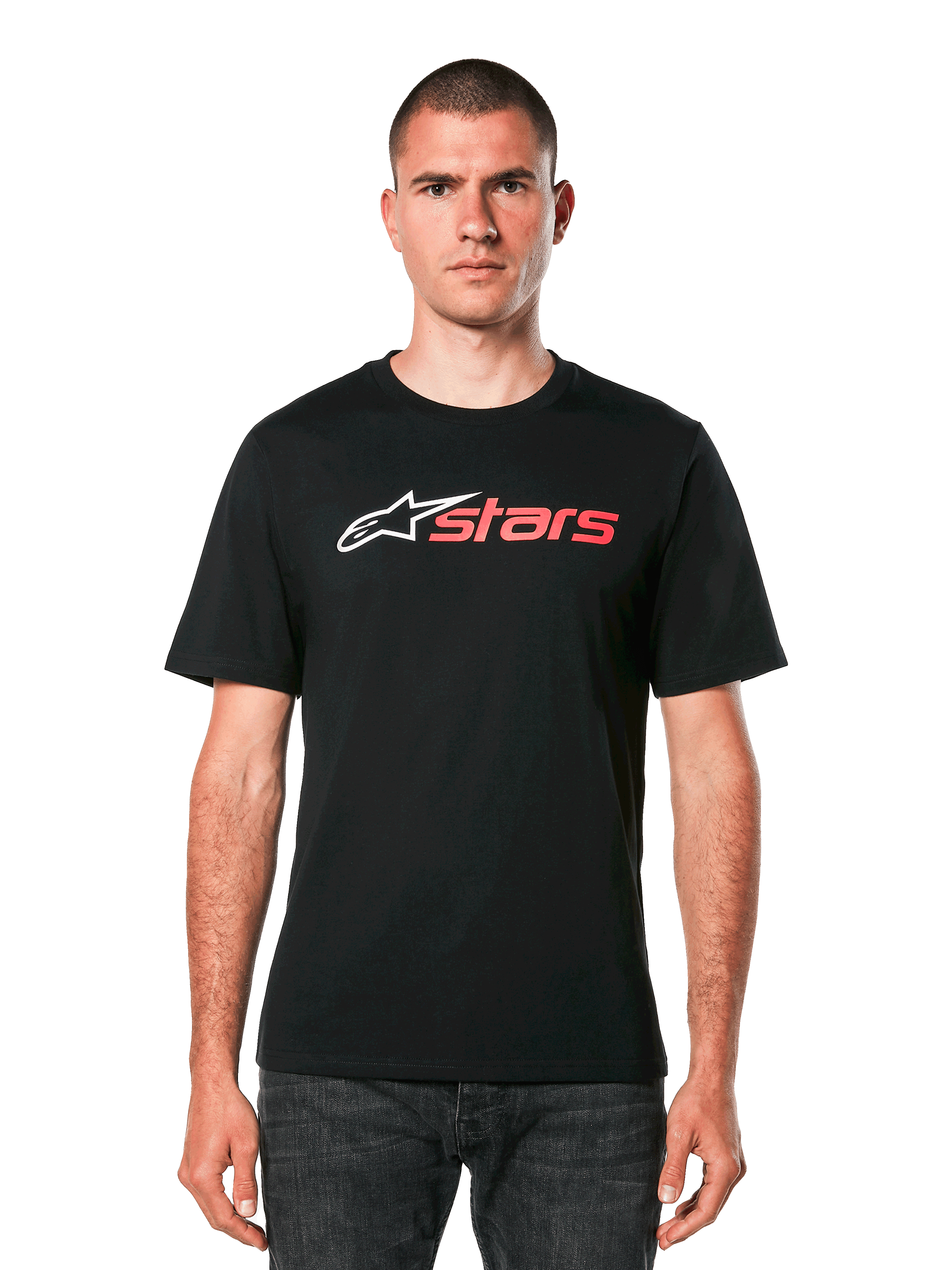 Alpinestars Blaze 2.0 CSF Tee, Black Short Sleeve T-Shirt, White and Red logo on chest, worn by male model with dark jeans, Casual Motorsport Sportswear