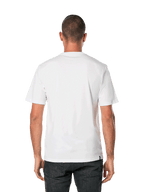 Alpinestars Blaze 2.0 CSF Tee, Short Sleeve T-Shirt, White Navy Blue, back view of a man wearing a plain white tee with black pants, casual motorsport streetwear