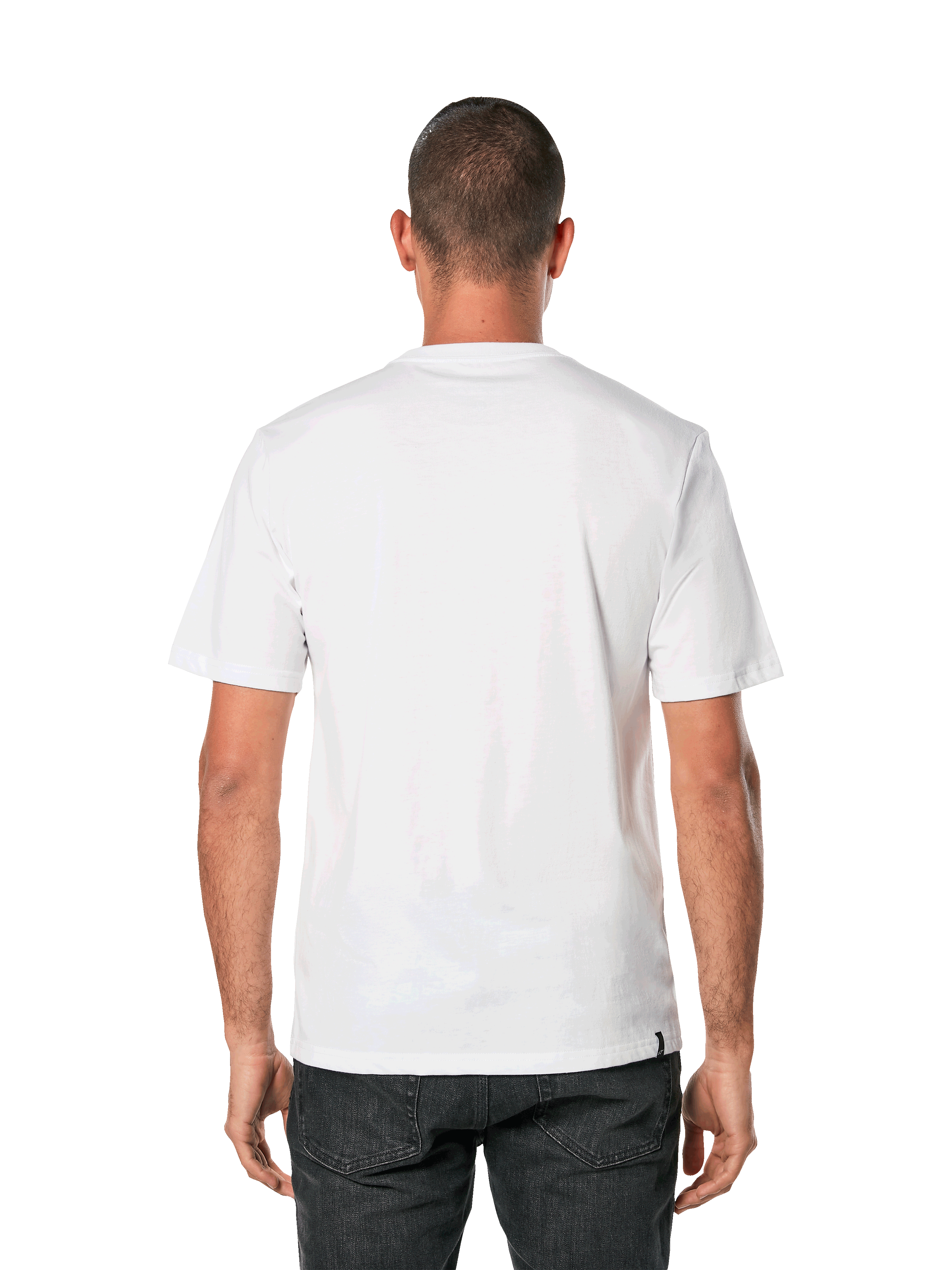 Alpinestars Blaze 2.0 CSF Tee, Short Sleeve T-Shirt, White Navy Blue, back view of a man wearing a plain white tee with black pants, casual motorsport streetwear
