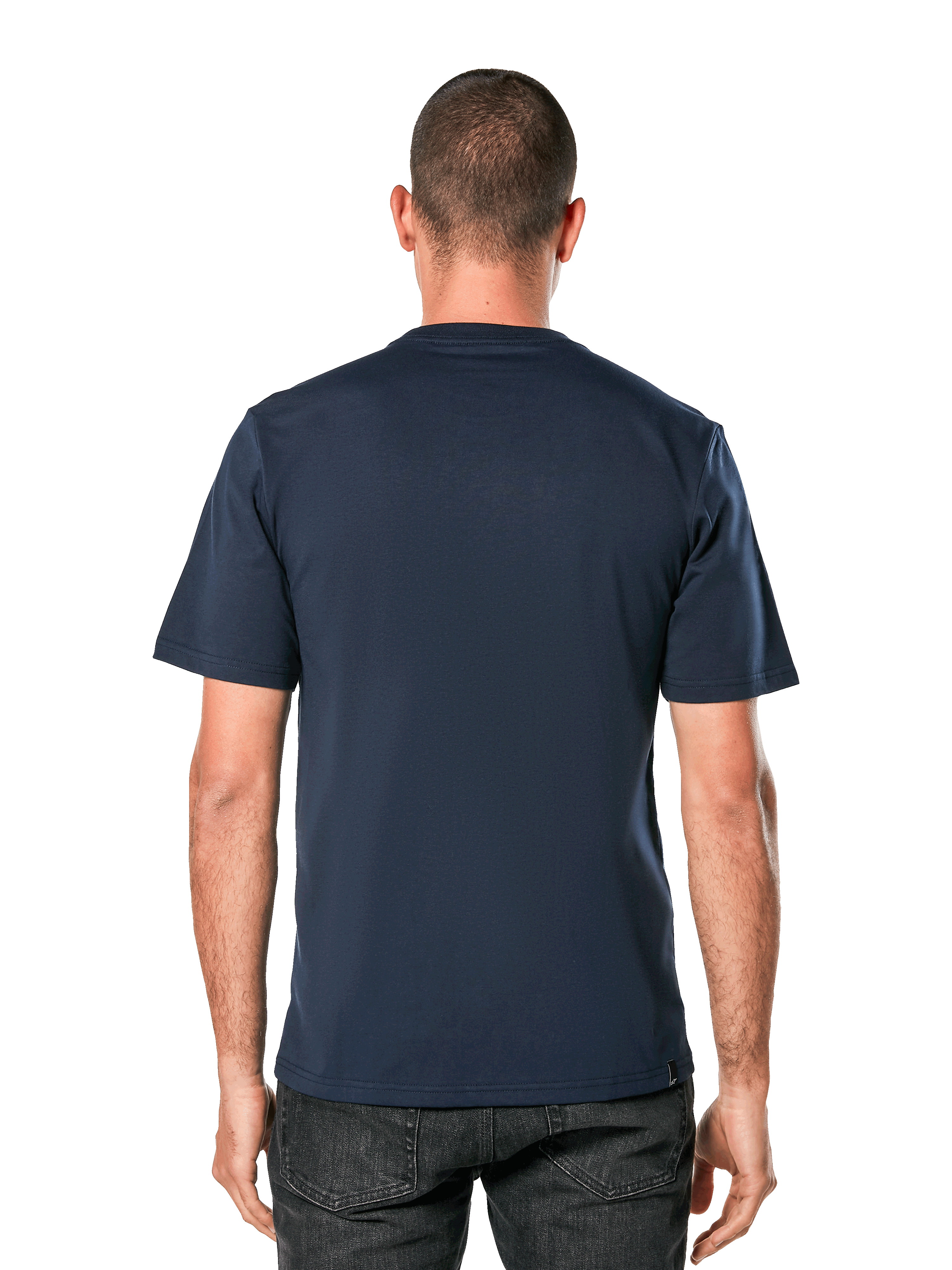 Alpinestars Blaze 2.0 CSF Tee, Short Sleeve T-Shirt, Navy, back view on model, casual motorsport-inspired streetwear