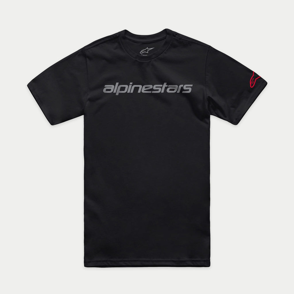 Alpinestars Linear Wordmark 2.0 CSF Tee, Short Sleeve T-Shirt, Black, Grey Wordmark on front and Red Ageless logo on sleeve, Casual Sportswear