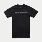 Alpinestars Linear Wordmark 2.0 CSF Tee, Short Sleeve T-Shirt, Black, Grey Wordmark on front and Red Ageless logo on sleeve, Casual Sportswear