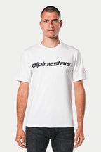 Alpinestars Linear Wordmark 2.0 CSF Tee, Short Sleeve T-Shirt, White with Black linear wordmark on chest and red logo on sleeve, worn by model with dark jeans, casual motorsport streetwear