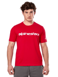 Alpinestars Linear Wordmark 2.0 CSF Tee, Short Sleeve T-Shirt, Red, White linear wordmark on chest and Ageless logo on sleeve, worn by male model with gray sweatpants, casual motorsport-inspired streetwear