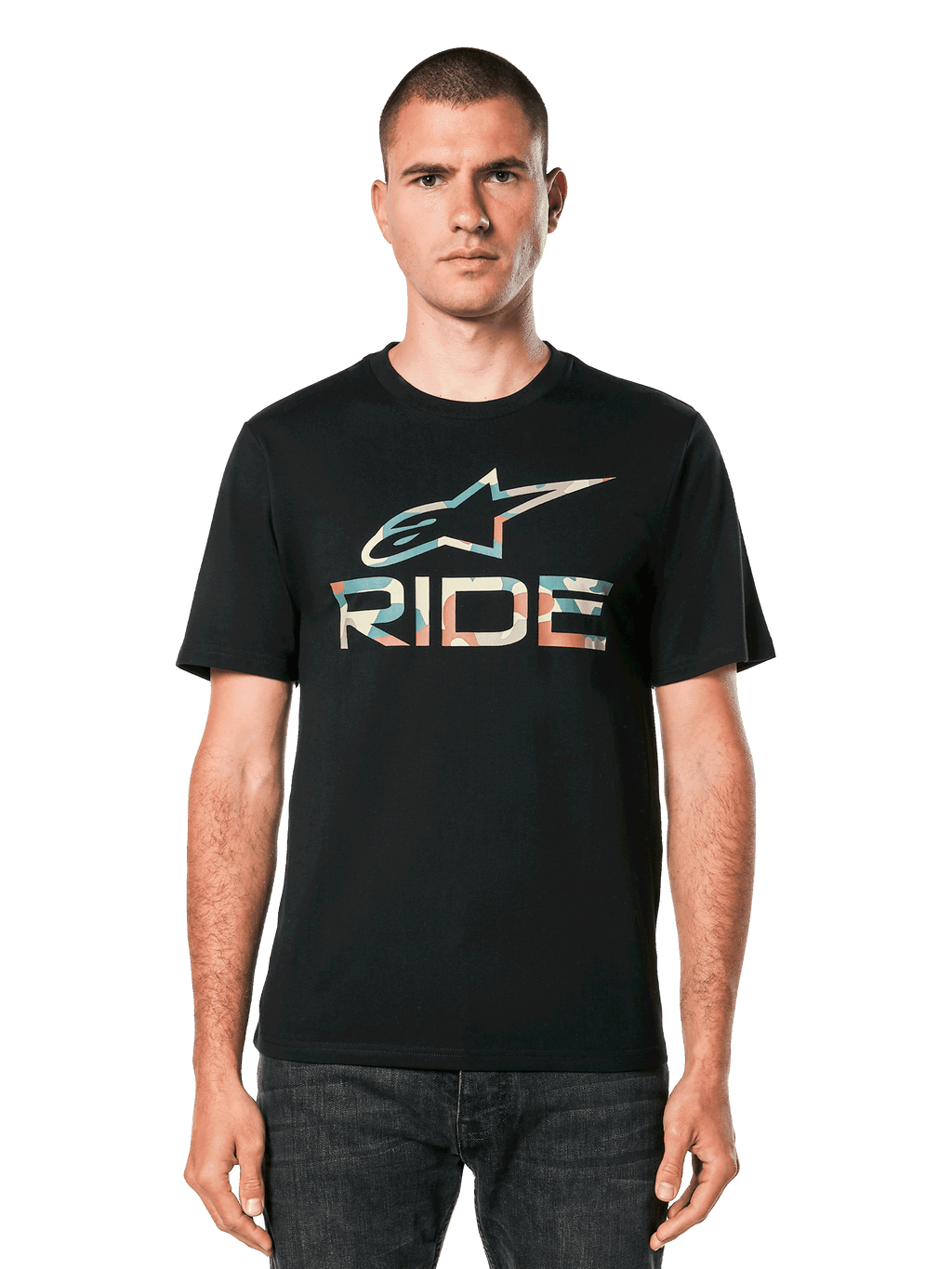 Alpinestars Ride 4.0 Camo CSF Tee, Short Sleeve T-Shirt, Black, Camo fill Astar and RIDE logo on chest, Casual Motorsport Streetwear