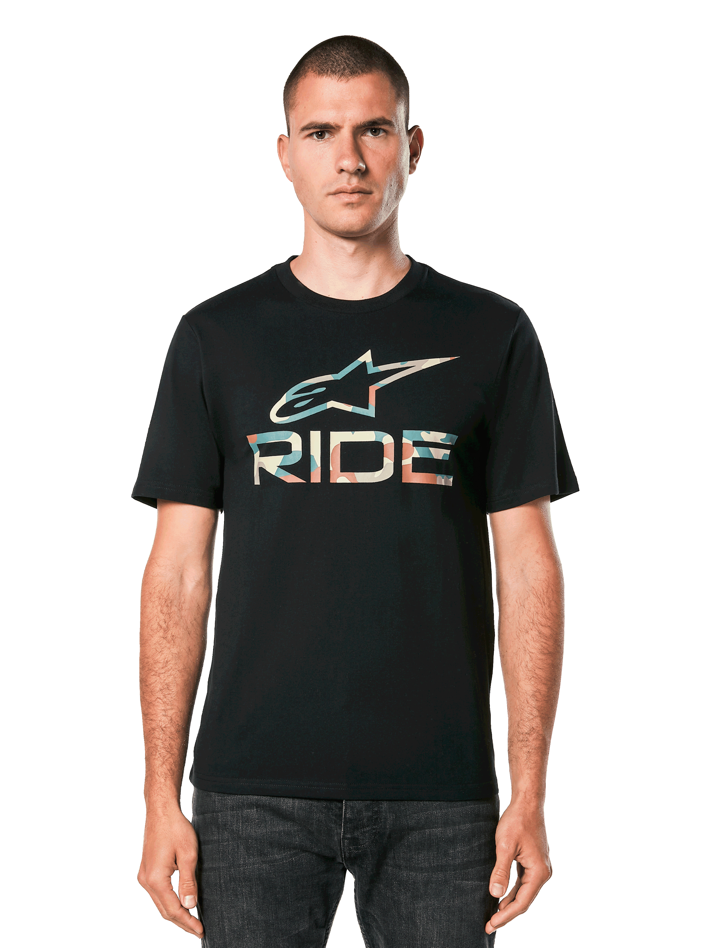 Alpinestars Ride 4.0 Camo CSF Tee, Short Sleeve T-Shirt, Black, Camo fill Astar and RIDE logo on chest, Casual Motorsport Streetwear