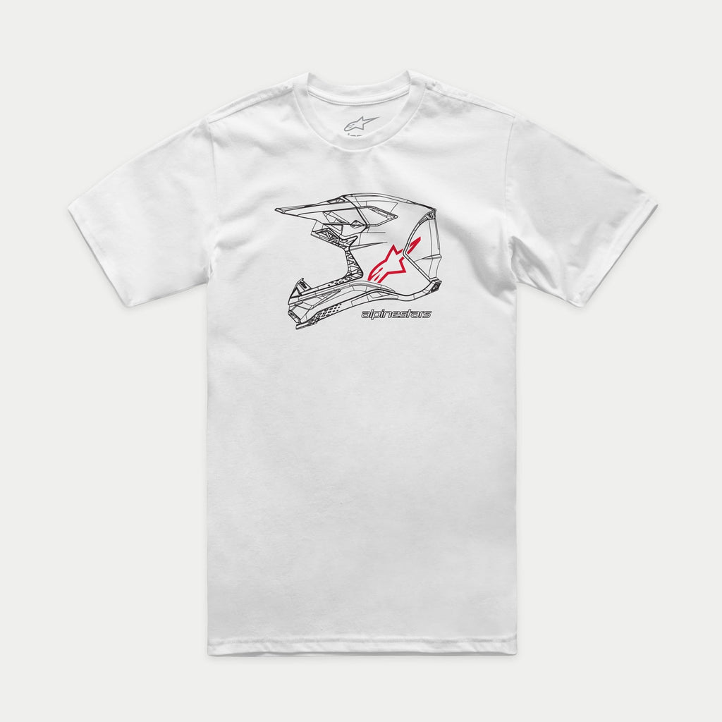 Alpinestars MX Helmet CSF Tee, Short Sleeve T-Shirt, White, Front Black Motocross Helmet Graphic with Red Star Logo and Alpinestars Wordmark, Casual Motorsport-Inspired Sportswear
