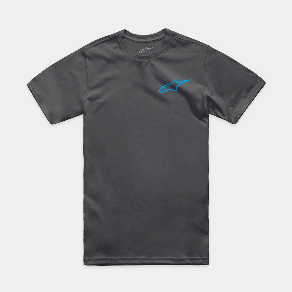 Alpinestars Horizon CSF Tee, Short Sleeve T-Shirt, Charcoal Gray with Blue Alpinestars Ageless Logo, Casual Motorsport Sportswear